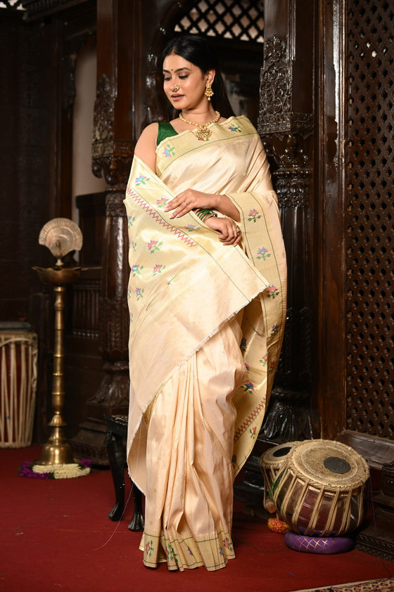 Mahalakshmi ~ Handloom Pure Silk Asawali Border Saree With Handcrafted Revival Asawal Pallu in Pearl White