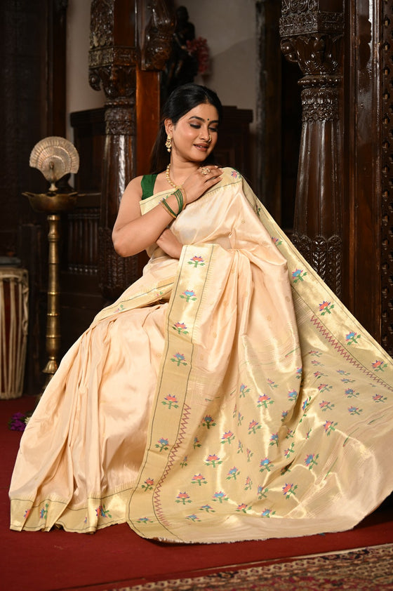 Mahalakshmi ~ Handloom Pure Silk Asawali Border Saree With Handcrafted Revival Asawal Pallu in Pearl White