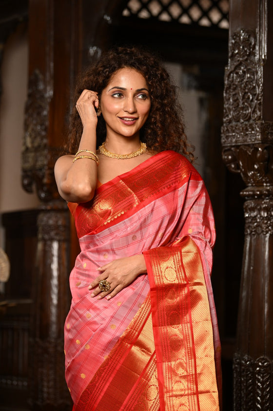 Mahalakshmi ~ Gadwal Pure Silk Handloom Saree with All Over Checks in Peach and Red