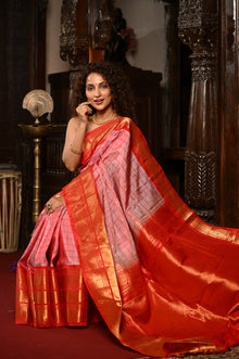  Mahalakshmi ~ Gadwal Pure Silk Handloom Saree with All Over Checks in Peach and Red
