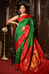 Mahalakshmi ~ Gadwal Pure Silk Handloom Saree in Leaf Green and Red
