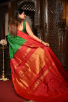 Mahalakshmi ~ Gadwal Pure Silk Handloom Saree in Leaf Green and Red