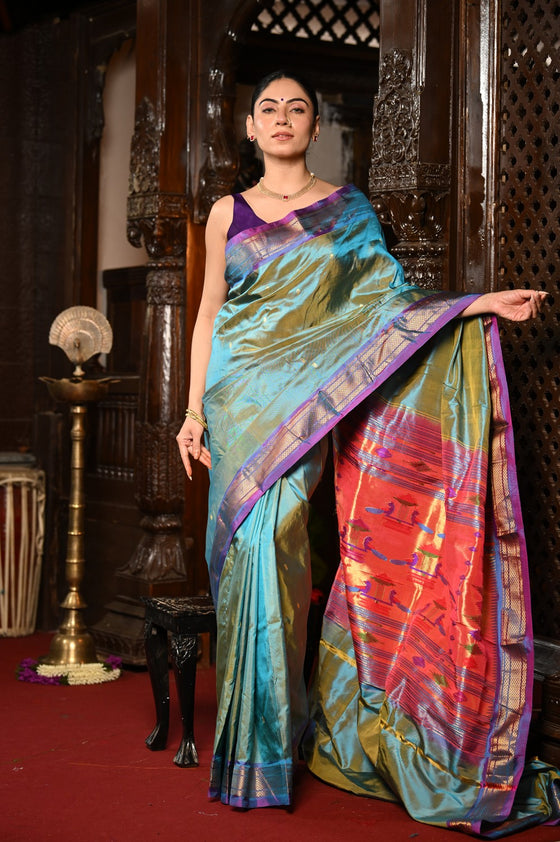 Mahalakshmi ~ Handloom Pure Silk Paithani Saree With Most Traditional Double Pallu in Powder Blue