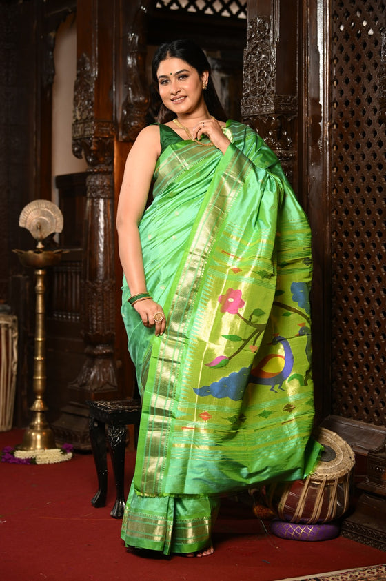 Mahalakshmi ~ Handloom Pure Silk Paithani Saree With Peacock Pallu in Parrot Green