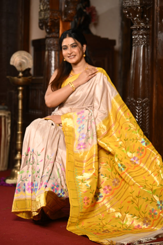Mahalakshmi ~ Handloom Pure Silk Half All Over Paithani with Floral Work in Ivory Yellow