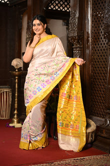  Mahalakshmi ~ Handloom Pure Silk Half All Over Paithani with Floral Work in Ivory Yellow