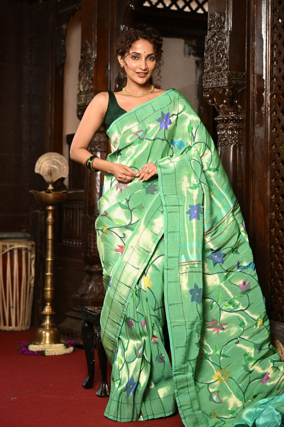 Mahalakshmi ~ Handloom Pure Silk All Over Paithani with Floral Work in Pista Green