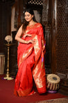 Mahalakshmi ~ Handloom Pure Silk Muniya Border Saree With Handcrafted Parrot Pallu in Red