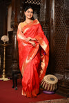 Mahalakshmi ~ Handloom Pure Silk Muniya Border Saree With Handcrafted Parrot Pallu in Red