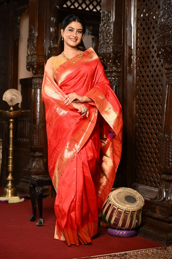 Mahalakshmi ~ Handloom Pure Silk Muniya Border Saree With Handcrafted Parrot Pallu in Red