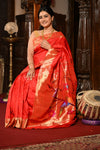 Mahalakshmi ~ Handloom Pure Silk Muniya Border Saree With Handcrafted Parrot Pallu in Red