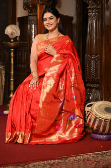  Mahalakshmi ~ Handloom Pure Silk Muniya Border Saree With Handcrafted Parrot Pallu in Red