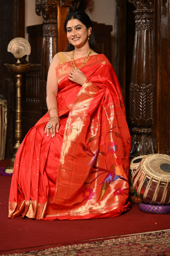 Mahalakshmi ~ Handloom Pure Silk Muniya Border Saree With Handcrafted Parrot Pallu in Red