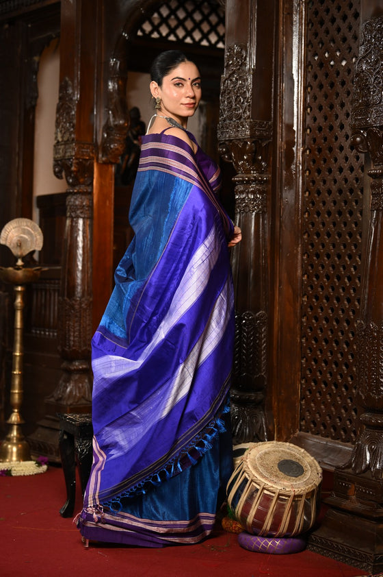Mahalakshmi ~ Traditional Handloom Blue Ilkal Cotton Viscose with Purple Pallu