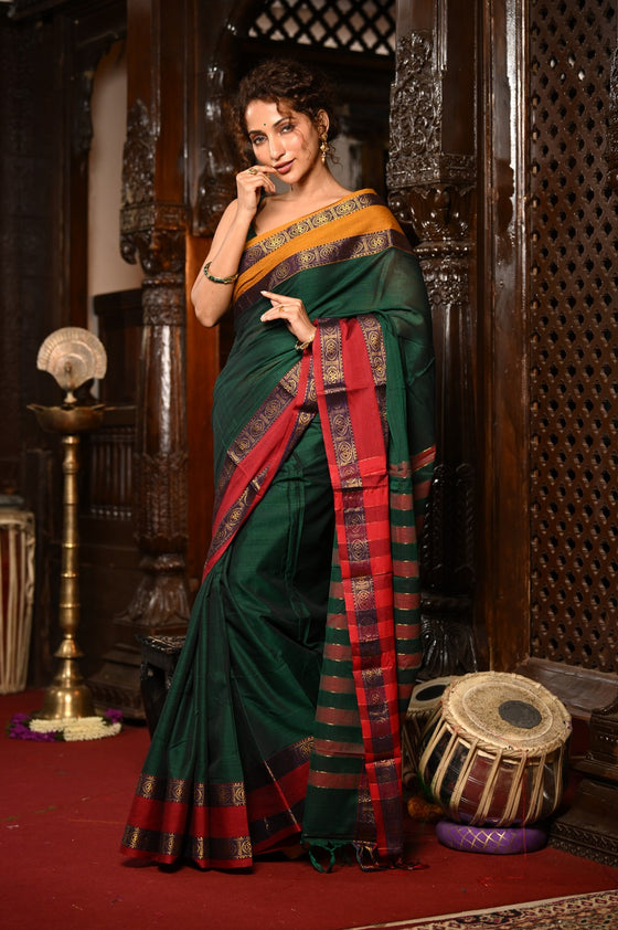 Mahalakshmi ~ Designer Cotton Saree in Green with Ganga Jamuna Border