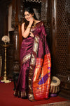 Chandrakor Mahalakshmi ~ Handloom Pure Silk Paithani with Peacock Pallu in Wine