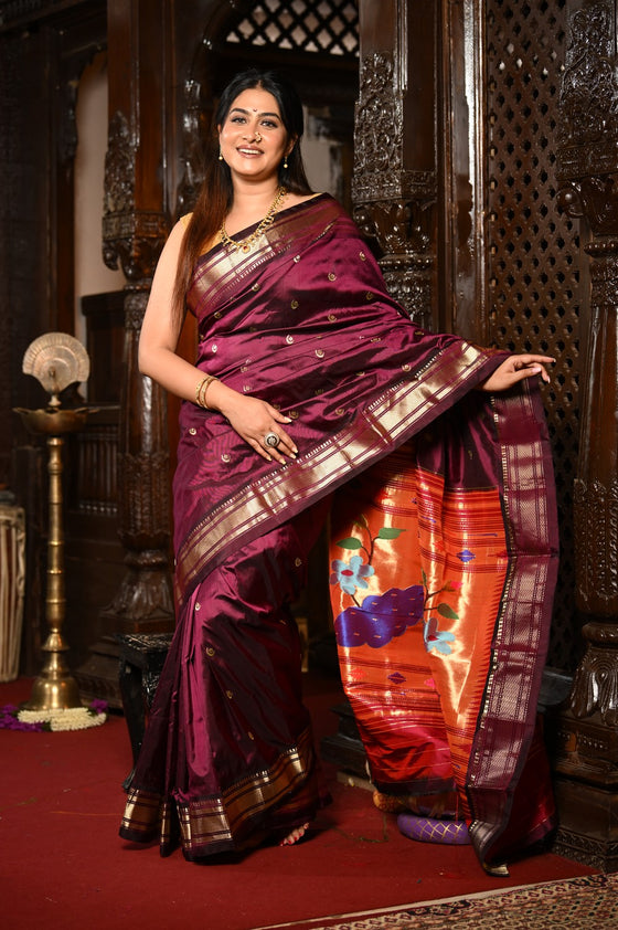 Chandrakor Mahalakshmi ~ Handloom Pure Silk Paithani with Peacock Pallu in Wine