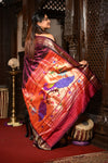 Chandrakor Mahalakshmi ~ Handloom Pure Silk Paithani with Peacock Pallu in Wine