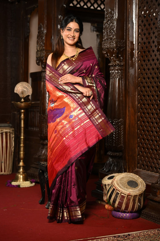 Chandrakor Mahalakshmi ~ Handloom Pure Silk Paithani with Peacock Pallu in Wine