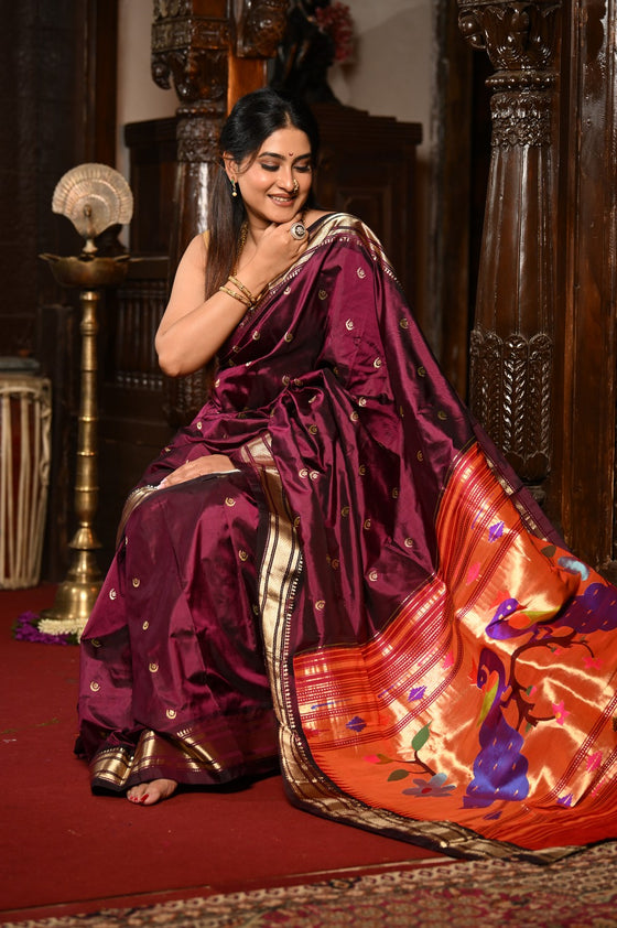 Chandrakor Mahalakshmi ~ Handloom Pure Silk Paithani with Peacock Pallu in Wine