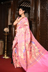Mahalakshmi ~ Handloom Pure Silk All Over Paithani with Floral Peacock Work in Powder Pink