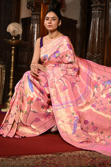  Mahalakshmi ~ Handloom Pure Silk All Over Paithani with Floral Peacock Work in Powder Pink