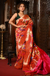 Mahalakshmi ~ Handloom Pure Silk All Over Paithani with Floral Peacock Work in Red Zari
