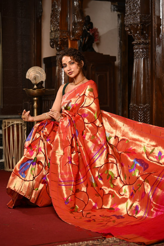 Mahalakshmi ~ Handloom Pure Silk All Over Paithani with Floral Peacock Work in Red Zari