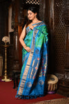 Mahalakshmi ~ Handloom Pure Silk Maharani Paithani with Maharani Pallu in Dual Tone Blue Green