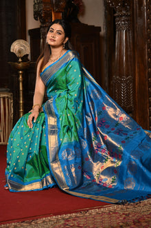  Mahalakshmi ~ Handloom Pure Silk Maharani Paithani with Maharani Pallu in Dual Tone Blue Green