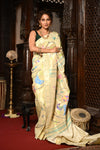 Mahalakshmi ~ Handloom Pure Silk All Over Paithani with Floral Peacock Work in Pearl White