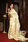 Mahalakshmi ~ Handloom Pure Silk All Over Paithani with Floral Peacock Work in Pearl White