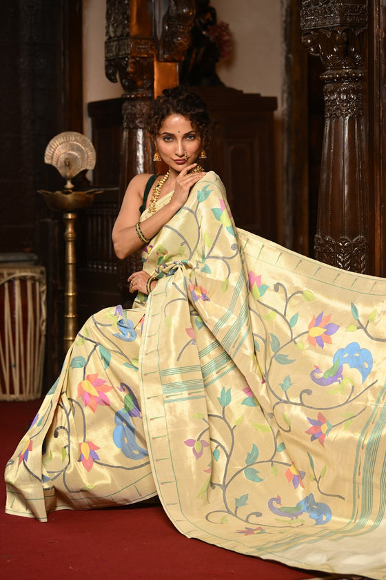 Mahalakshmi ~ Handloom Pure Silk All Over Paithani with Floral Peacock Work in Pearl White