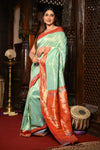 Mahalakshmi ~ Handloom Pure Silk Muniya Border Tissue  Paithani with Lotus Pallu in Sea Green