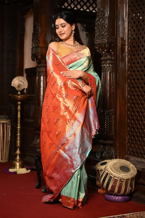 Mahalakshmi ~ Handloom Pure Silk Muniya Border Tissue  Paithani with Lotus Pallu in Sea Green