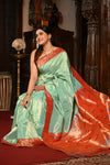 Mahalakshmi ~ Handloom Pure Silk Muniya Border Tissue  Paithani with Lotus Pallu in Sea Green