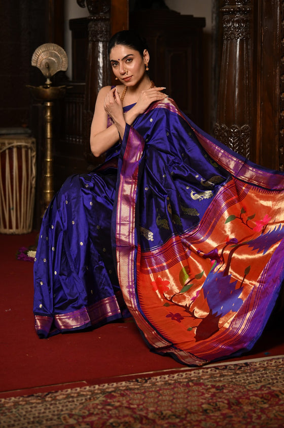 Mahalakshmi ~ Handloom Pure Silk Paithani with Peacock Pallu in Royal Blue