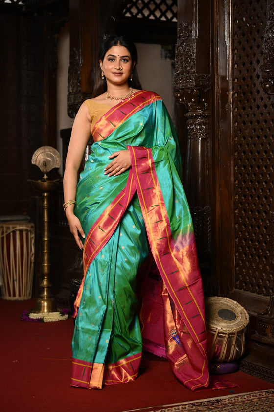 Mahalakshmi ~ Handloom Pure Silk Muniya Maharani Paithani with Maharani Pallu in Sea Green