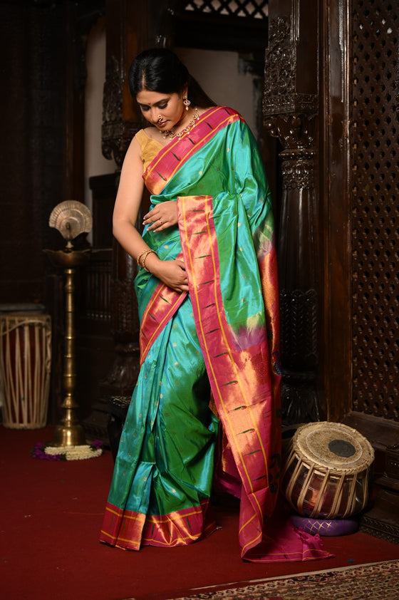 Mahalakshmi ~ Handloom Pure Silk Muniya Maharani Paithani with Maharani Pallu in Sea Green