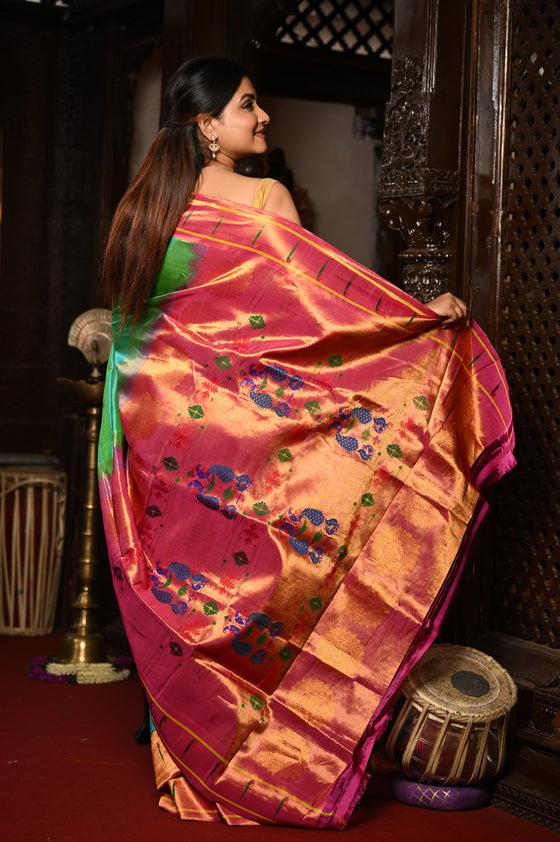 Mahalakshmi ~ Handloom Pure Silk Muniya Maharani Paithani with Maharani Pallu in Sea Green