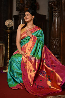  Mahalakshmi ~ Handloom Pure Silk Muniya Maharani Paithani with Maharani Pallu in Sea Green