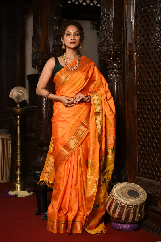 Mahalakshmi ~ Handloom Pure Silk Maharani Paithani with Maharani Pallu in Sunset Orange
