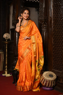  Mahalakshmi ~ Handloom Pure Silk Maharani Paithani with Maharani Pallu in Sunset Orange