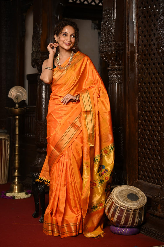 Mahalakshmi ~ Handloom Pure Silk Maharani Paithani with Maharani Pallu in Sunset Orange