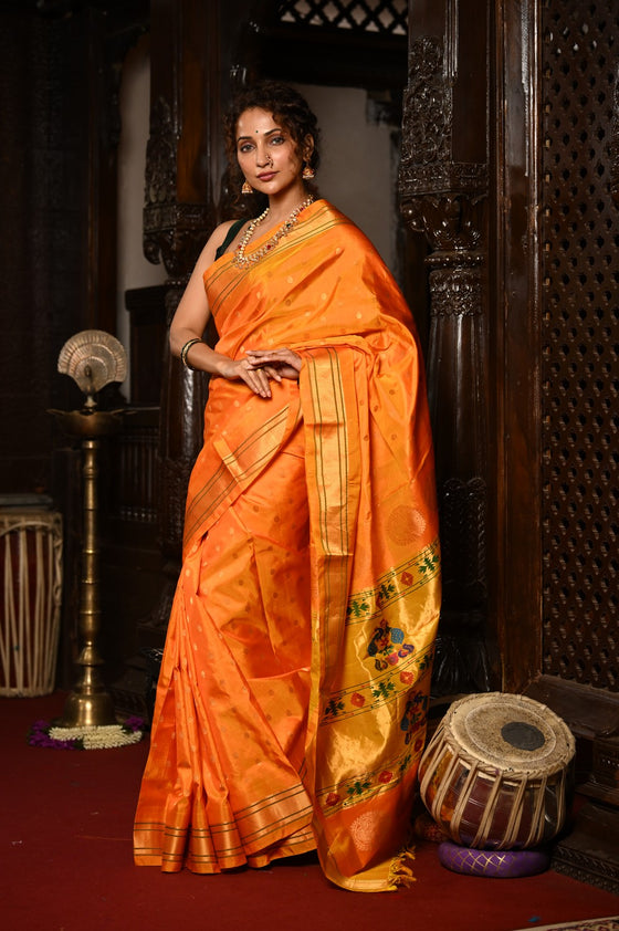 Mahalakshmi ~ Handloom Pure Silk Maharani Paithani with Maharani Pallu in Sunset Orange