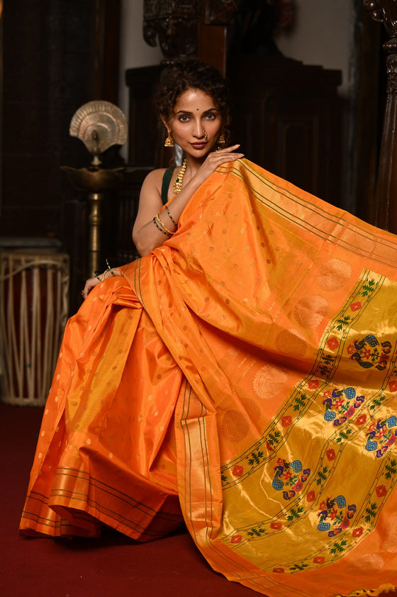 Mahalakshmi ~ Handloom Pure Silk Maharani Paithani with Maharani Pallu in Sunset Orange