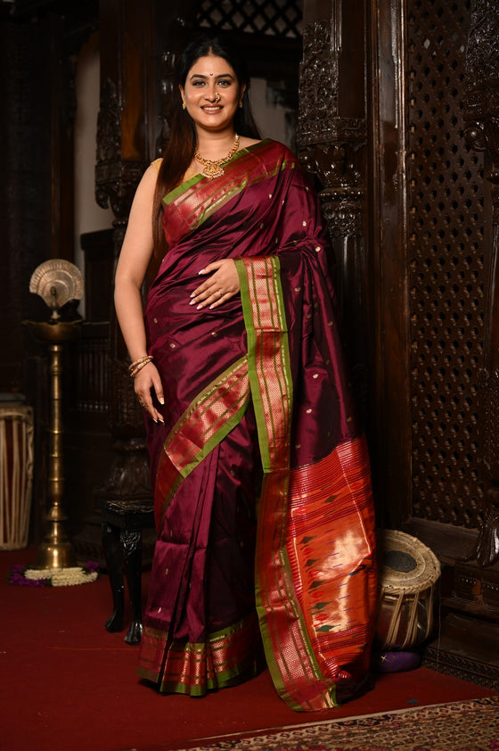 Mahalakshmi ~ Handloom Pure Silk Paithani with Most Traditional Double Pallu in Wine