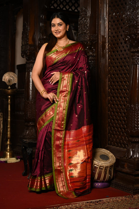 Mahalakshmi ~ Handloom Pure Silk Paithani with Most Traditional Double Pallu in Wine