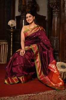  Mahalakshmi ~ Handloom Pure Silk Paithani with Most Traditional Double Pallu in Wine