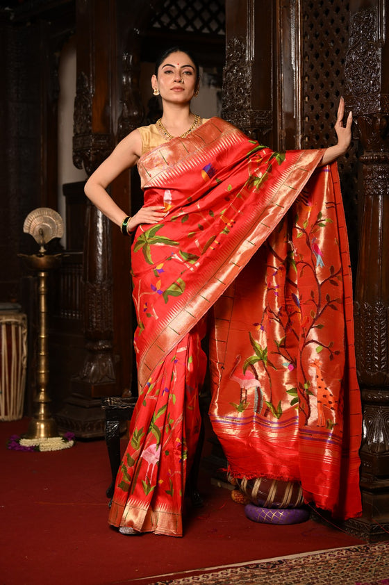 Mahalakshmi ~ Handloom Pure Silk All Over Paithani with Jungle Theme Work in Red